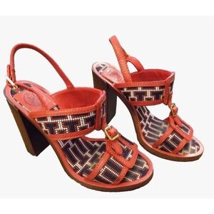 Tory Burch‎ Chunky Florian Sandals 4" Heels Red White Blue Buckle Leather 10 9.5